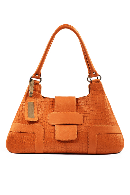 Apricot orange women's dress handbag, matching pumps and belts. Top view - Florence KOOIJMAN